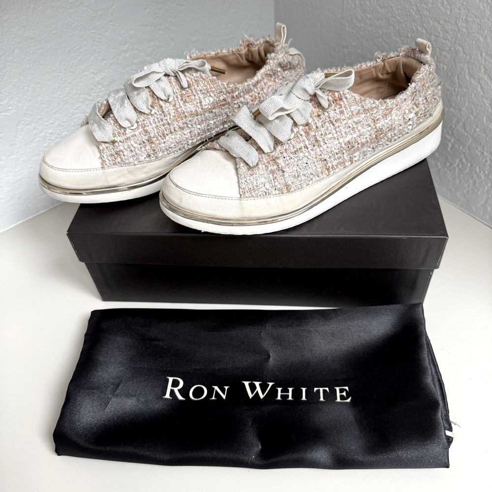 Ron White Sneakers, leather & Tweed, Made in Italy, size US 8